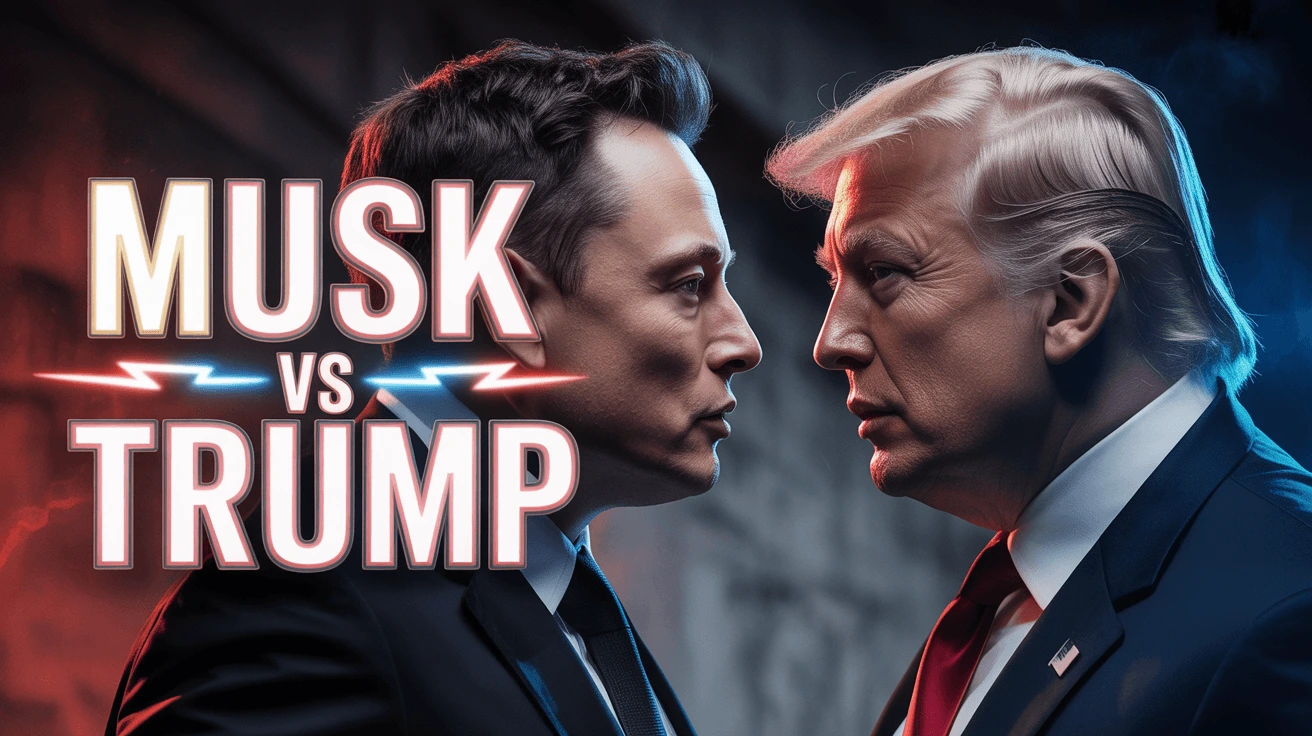 A dramatic thumbnail with two men in suits facing off, labeled "MUSK vs TRUMP" in red and white text with lightning effects, ideal for an AI-generated YouTube video comparing the two figures.