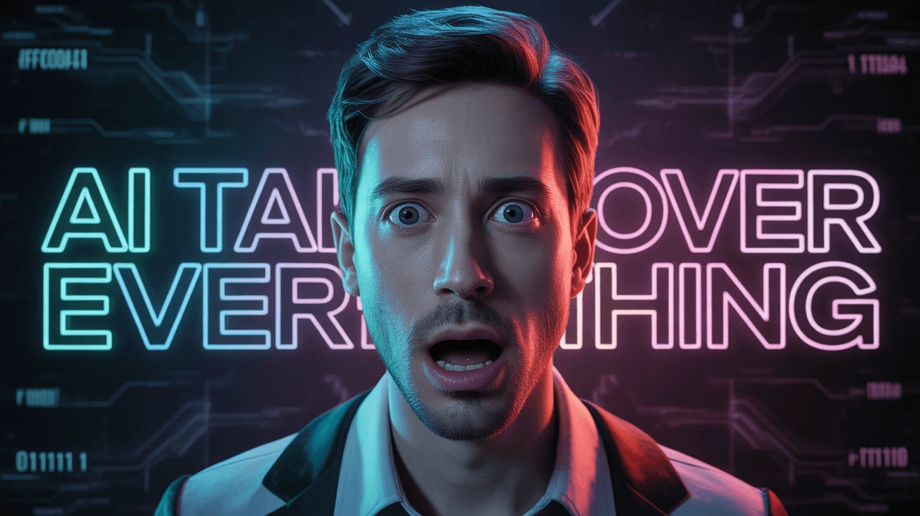 A striking thumbnail featuring a man with a surprised expression against a futuristic background with "AI OVER EVERYTHING" in neon blue and pink text, suggesting an AI-dominated world in a YouTube video.