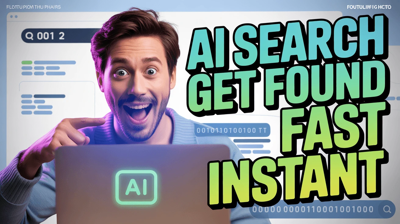 A dynamic thumbnail with a man pointing at a laptop labeled "AI" and text "AI SEARCH GET FOUND FAST INSTANT" in green and yellow, promoting fast AI-powered search optimization for YouTube content.