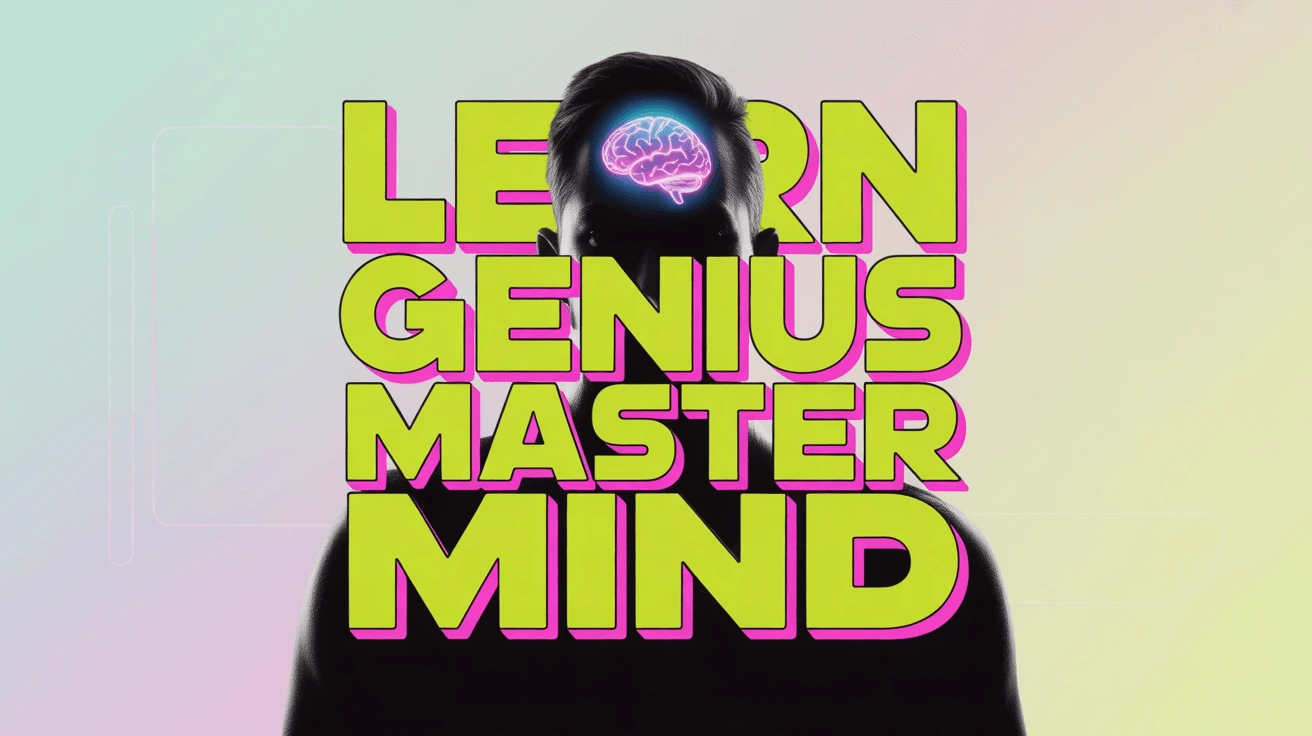 A vibrant thumbnail featuring a silhouette with a glowing brain graphic, overlaid with bold neon text "LEARN GENIUS MASTERMIND" in green and pink, promoting an AI-generated educational or intellectual growth video on YouTube.