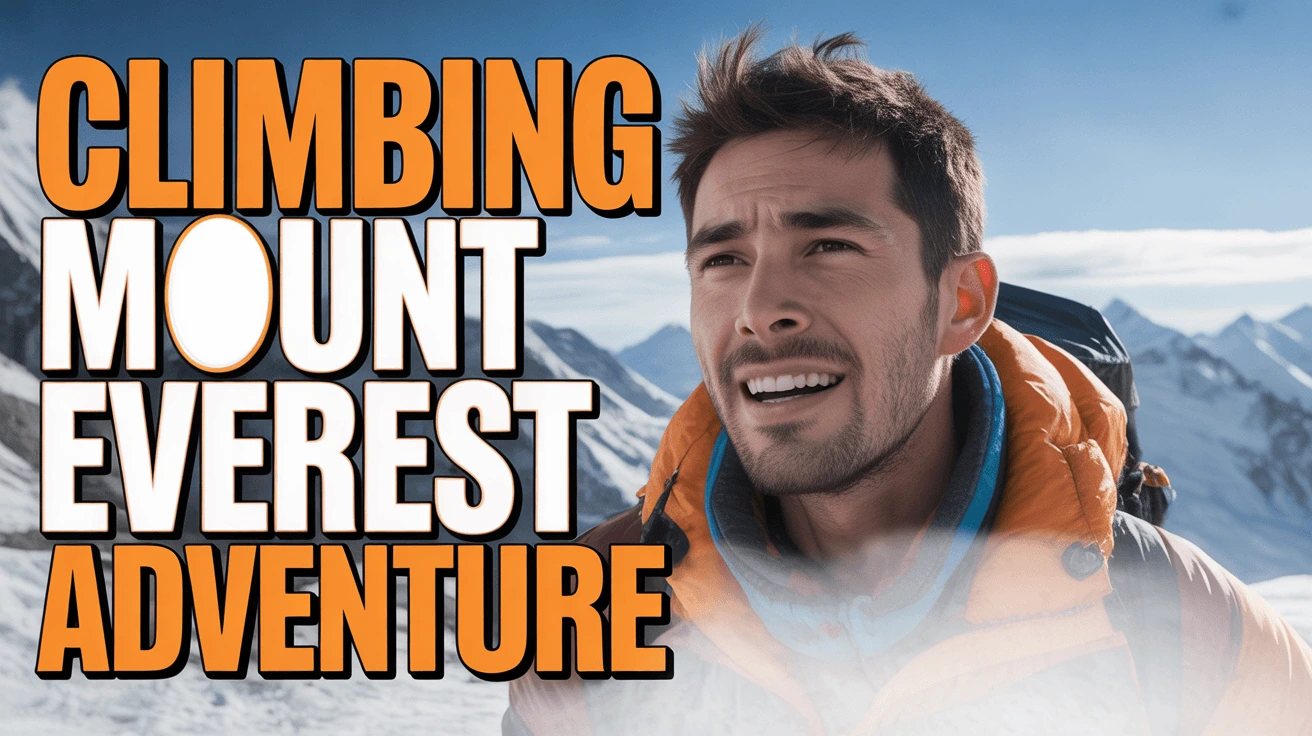 An adventurous thumbnail showing a man in winter gear with "CLIMBING MOUNT EVEREST ADVENTURE" in orange text, perfect for an AI-generated YouTube video about mountaineering experiences.